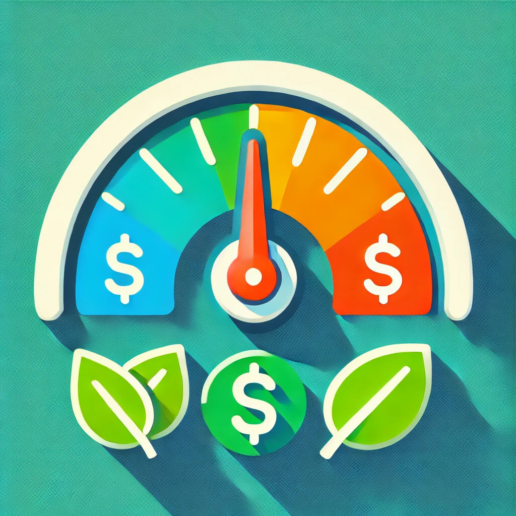 A colorful, flat-style icon resembling a speedometer gauge with a blue upper half and a needle pointing towards green efficiency. Below the gauge, three green leaf icons are arranged in a row, replacing the dollar signs for an eco-friendly look. The design is vibrant and minimalistic, using bold colors to emphasize environmental consciousness.