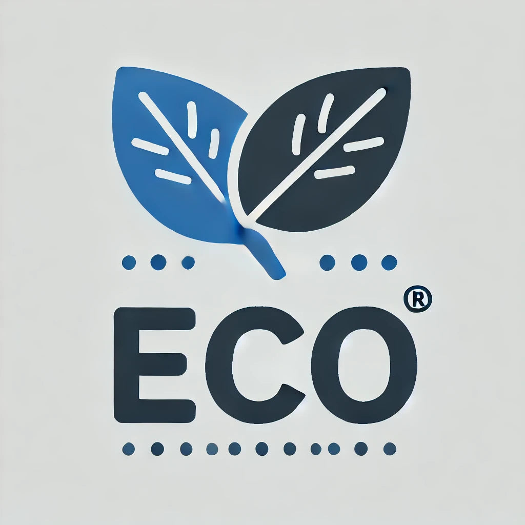 A colorful icon featuring a blue speedometer gauge with a needle pointing towards a green efficiency level. Below the gauge are three green leaf icons, symbolizing eco-friendliness and environmental sustainability.