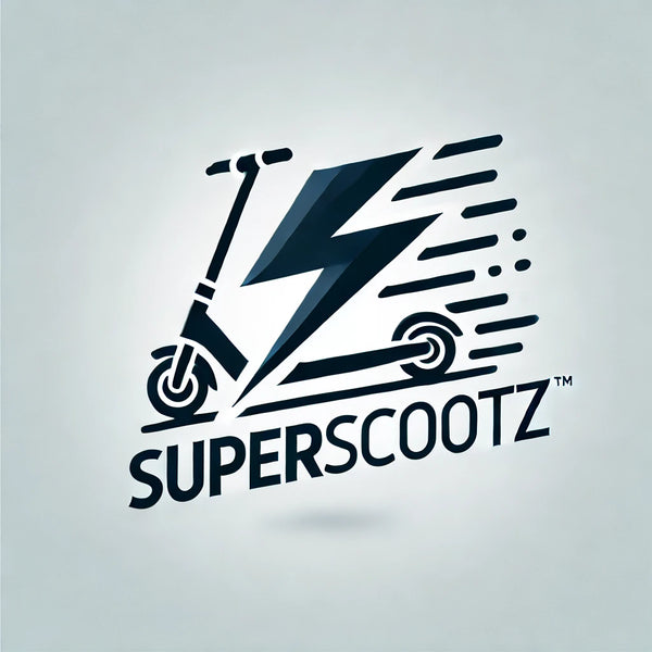 A modern logo for Superscootz featuring a sleek electric scooter silhouette combined with a lightning bolt design. The logo emphasizes speed, efficiency, and eco-friendliness with bold, dynamic colors, suitable for branding an electric mobility company.